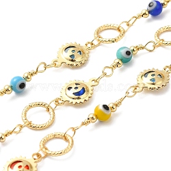 Sun & Evil Eye Handmade Brass Glass Beaded Chains, Soldered, with Spool, Cadmium Free & Lead Free, Real 18K Gold Plated, Sun: 14x8x2.5mm, Linking Ring: 8x1mm(CHC-M024-30G)