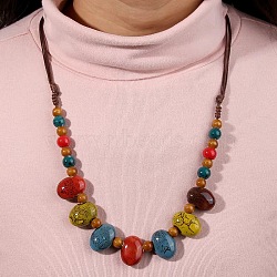 Ethnic Style Oval Porcelain Beaded Bib Necklaces with Imitation Leather Cord, Colorful, 24.41 inch(62cm)(FS-WGD6870-02)