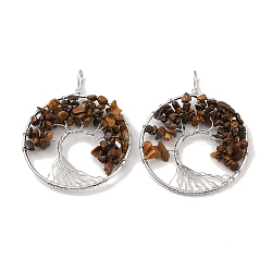 Natural Tiger Eye Big Pendants, with Platinum Brass Findings, Long-Lasting Plated, Lead Free & Cadmium Free, Flat Round with Tree, 62x49x6~13mm, Hole: 7x4mm(G-G910-K21-P)