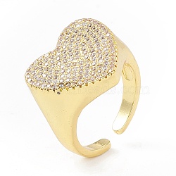 Clear Cubic Zirconia Heart Signet Open Cuff Ring, Brass Jewelry for Women, Cadmium Free & Lead Free, Real 18K Gold Plated, US Size 6 1/2(16.9mm)(RJEW-I083-13G)