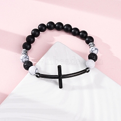 Round Natural Black Agate & Lava Rock & Synthetic Howlite Bead Stretch Bracelets, Stainless Steel Cross Link Bracelets for Women Men, with Synthetic Hematite, Inner Diameter: 2-1/8~2-1/8 inch(5.35~54cm)(BJEW-F493-04EB-01)