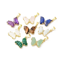 Natural & Synthetic Mixed Gemstone Pendants, with Rack Plating Golden Plated Brass Findings, Cadmium Free & Lead Free, Faceted Butterfly Charms, 17x22.5x4mm, Hole: 8x5mm(G-K338-01G)
