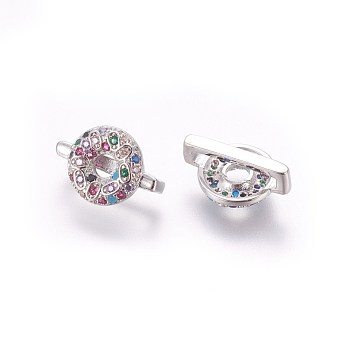 Brass Micro Pave Cubic Zirconia Slide Charms, Donut, Colorful, Platinum, 13x9x5mm, Hole: 2x10.5mm