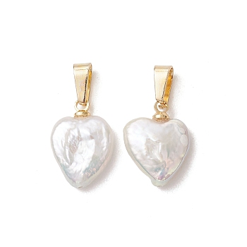 Natural Nucleated Baroque Keshi Pearl Pendants, Heart Charms with 304 Stainless Steel Snap on Bails, White, Real 18K Gold Plated, 14.5~15.5x10.5~11x4.5mm, Hole: 5.5x2.5mm
