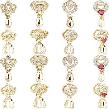 16Pcs 4 Style Brass Micro Pave Cubic Zirconia Ice Pick Pinch Bails, Long-Lasting Plated, Cadmium Free & Lead Free, Golden, 15~21mm, Hole: 2x4~6mm, Pin: 0.6mm, 4pcs/style