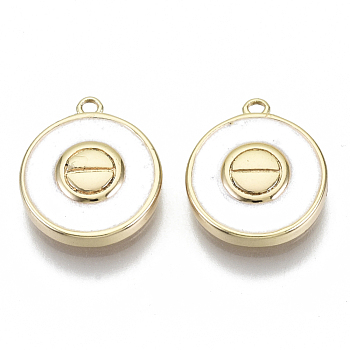 Brass Enamel Charms, Nickel Free, Flat Round with Screw Slotted Pattern, Real 18K Gold Plated, Creamy White, 13x11x3mm, Hole: 1mm
