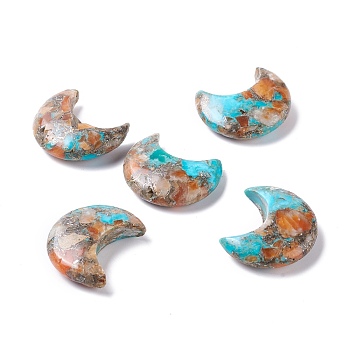 Assembled Natural Orange Quartz & Synthetic Turquoise Cabochons, with Brass Line, Moon, 30x25x9mm