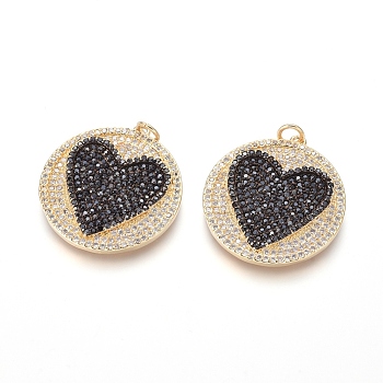 Brass Micro Pave Cubic Zirconia Pendants, with Jump Rings, Flat Round with Heart, Black & Clear, Golden, 27x25x2.5mm, Hole: 3mm
