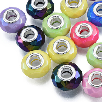 Opaque Large Hole Acrylic European Beads, with Silver Color Plated Iron Double Cores, Rondelle, Mixed Color, 15x8.5mm, Hole: 5mm