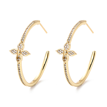 Cubic Zirconia Open Hoop Earrings for Girl Women, Sunflower Half Hoop Earrings, C-shape Brass Stud Earrings, Real 18K Gold Plated, 34x35x11mm, Pin: 0.7mm