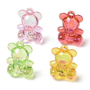 Electroplate Transparent UV Plating Acrylic Pendants, Iridescent, Bear with Bowknot Charms, Mixed Color, 34x24.5x18mm, Hole: 3mm