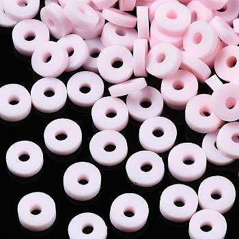 Handmade Polymer Clay Beads, Disc/Flat Round, Heishi Beads, Pink, 4x1mm, Hole: 1mm, about 55000pcs/1000g