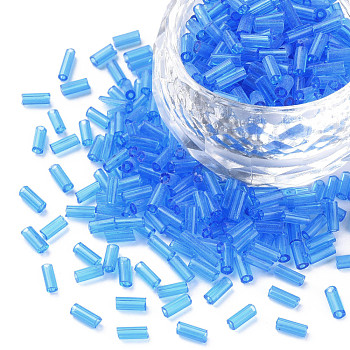 Transparent Glass Bugle Beads, Round Hole, Dodger Blue, 3~8x2mm, Hole: 0.7mm, about 450g/pound