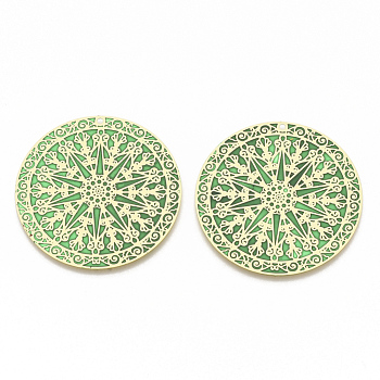 Brass Enamel Pendants, Etched Metal Embellishments, Matte Gold Color, Flat Round with Flower, Medium Sea Green, 40x0.3mm, Hole: 1.5mm