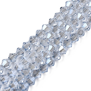 Electroplate Transparent Glass Beads Strands, Faceted, Bicone, Clear, 4x4.5mm, Hole: 0.9mm, about 84~109Pcs/strand, 12.6~21.26 inch(32~54cm)