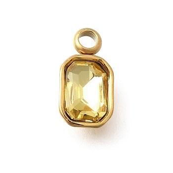 304 Stainless Steel Pendants, with Rhinestone, Real 18K Gold Plated, Ion Platint(IP), Rectangle, Light Topaz, 10.5x5.5x3.5mm, Hole: 1.8mm