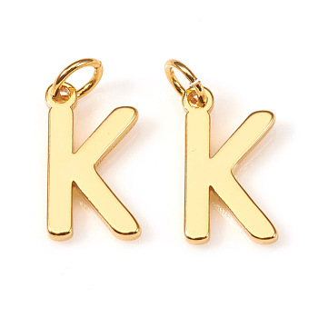 Brass Charms, with Jump Rings, Letter, Real 18K Gold Plated, Letter.K, K: 10x6.5x1mm, Hole: 2.5mm