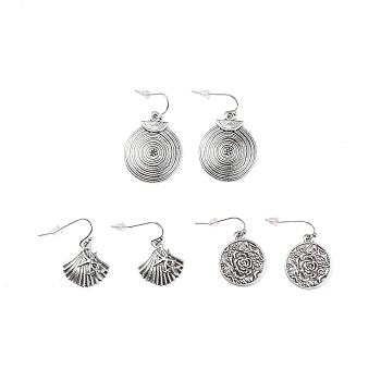 3 Pairs 3 Style Flat Round & Shell Alloy Dangle Earrings with Iron Pins, Bohemian Rose Pattern Drop Earrings for Women, Antique Silver, 29~40mm, 1 Pair/style