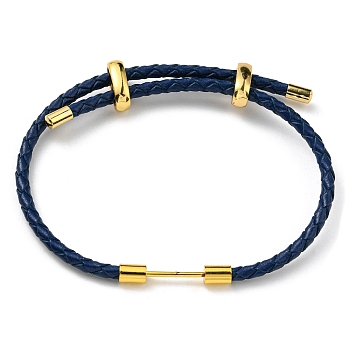 Brass Column Bar Link Bracelet with Leather Cords, Adjustable Bracelet for Women, Prussian Blue, Inner Diameter: 5/8~3 inch(1.6~7.5cm)