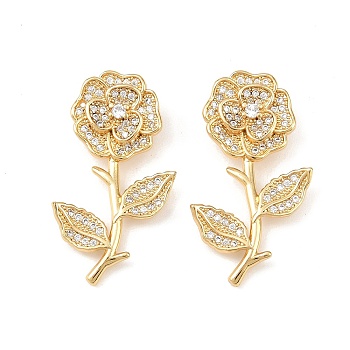 Brass Micro Pave Cubic Zirconia Pendants, Flower Charms, Rack Plating, Long-Lasting Plated, Cadmium Free & Lead Free, Real 18K Gold Plated, 30.5x17x3mm, Hole: 3.5x2.5mm