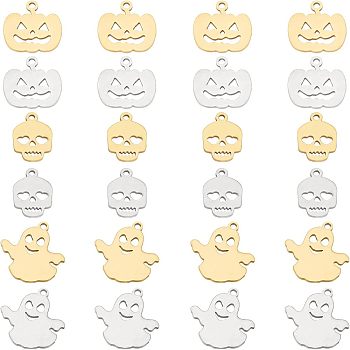 CHGCRAFT 24Pcs 201 Stainless Steel Pendants, Halloween, Ghost, Pumpkin, Skull, Mixed Color, 15x14.5x1mm, Hole: 1.5mm