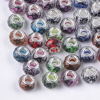 Resin European Beads, Large Hole Beads, with Silver Color Plated Brass Cores, Faceted, Rondelle, Flower Pattern, Mixed Color, 13.5~14x9~9.5mm, Hole: 4.5mm