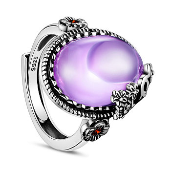 SHEGRACE Adjustable 925 Sterling Silver Finger Ring, with Purple Cubic Zirconia, Flower, Size 9, Purple, 19mm