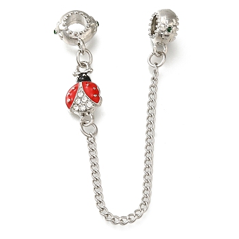 Rack Plating Alloy Enamel European Beads with Safety Chains, Ladybug Large Hole Beads with Crystal Rhinestone, Platinum, 116mm, Hole: 5mm