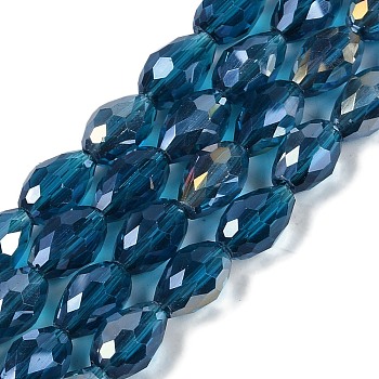 Transparent Electroplate Glass Beads Strands, AB Color Plated, Faceted, Teardrop, Marine Blue, 6x4mm, Hole: 0.9mm, about 65~67pcs/strand, 15.35~16.4''(39~41cm)