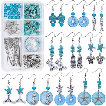 DIY Ocean Theme Earring Making Kits, inclu Glass & Synthetic Turquoise Beads, Shell Pendants, Alloy Pendants & Beads & Cabochons, Brass Earring Hooks, Antique Silver & Platinum