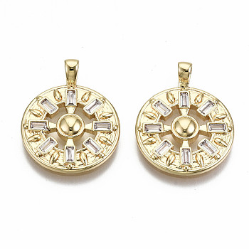 Brass Micro Pave Clear Cubic Zirconia Pendants, Nickel Free, Flat Round, Real 18K Gold Plated, 22x17.5x3mm, Hole: 2x3mm