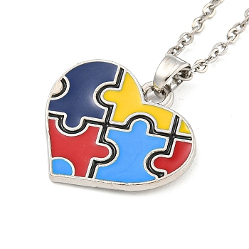 201 Stainless Steel Cable Chain Necklaces, Alloy Enamel Heart with Autism Puzzle Pattern Pendant Necklaces, Platinum, 15.08~15.55 inch(38.3~39.5cm)