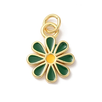 Rack Plating Brass Enamel Pendants, with Jump Ring, Long-Lasting Plated, Cadmium Free & Lead Free, Flower Charm, Real 18K Gold Plated, Dark Green, 15.5x11x1.2mm, Hole: 3mm