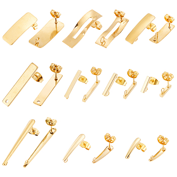 20Pcs 10 Style 304 Stainless Steel Stud Earring Findings, Rectangle, with Iron Ear Nuts, Golden, 10x2x2mm, Hole: 1.5~1.8mm, 2pcs/style