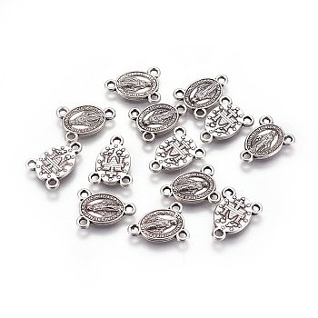 Tibetan Style Alloy Chandelier Component Links, 3 Loop Connectors, Oval with Virgin Mary, Rosary Center Pieces, Antique Silver, 15.3x11.7x1.8mm, Hole: 1.6mm