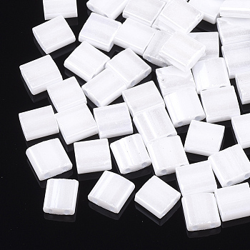 2-Hole Opaque Glass Seed Beads, Lustered, Rectangle, White, 5x4.5~5.5x2~2.5mm, Hole: 0.5~0.8mm