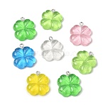 Transparent Resin & Glitter Powder Pendants, Clover Charm, with Platinum Iron Loop Loop, Mixed Color, 23~25x21~21.5x6~6.5mm, Hole: 1.9mm(RESI-B041-01)