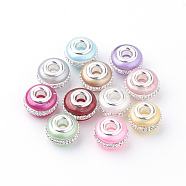 Glass European Beads, with Silver Color Plated Brass Cores and Rhinestones, Large Hole Beads, Rondelle, Mixed Color, 16x10.5mm, Hole: 5mm(GPDL-Q021-05)