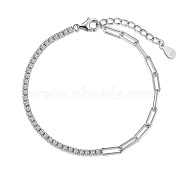 Rhodium Plated 925 Sterling Silver Pave Clear Cubic Zirconia Paperclip Chain Bracelets for Women, Real Platinum Plated, 6-3/4 inch(17cm)(BJEW-Q346-01P)