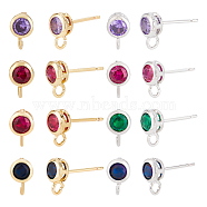 8 Pairs 8 Color Brass Micro Pave Cubic Zirconia Stud Earring Findings, with Vertical Loops, Flat Round, Cadmium Free & Lead Free, Mixed Color, 8.5x5.5mm, Hole: 1.6mm, Pin: 0.8mm, 1 Pair/color(KK-BC0011-48)