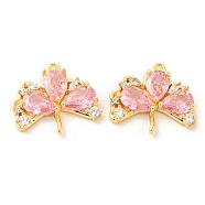 Real 18K Gold Plated Ginkgo Biloba Brass Micro Pave Cubic Zirconia Pendants, Leaf Charms, Pink, 16x18x3.5mm, Hole: 1.4mm, Pin: 0.9mm(KK-Q809-24G-01)