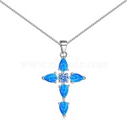 Cross Rhodium Plated 925 Sterling Silver Pendant Necklaces, with Synthetic Opal, Real Platinum Plated, 15.94 inch(40.5cm)(NJEW-P292-03P)