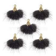Faux Mink Fur Tassel Pendant Decorations, with Antique Golden Alloy Findings, Black, 20~30x28~30mm, Hole: 1.8mm(FIND-YW0002-24A)