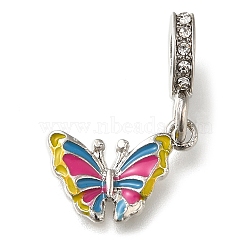 Rack Plating Alloy Enamel European Dangle Charms, Butterfly Large Hole Pendants with Crystal Rhinestone, Platinum, Camellia, 29mm, Hole: 4.5mm, Butterfly: 16.5x13x2.5mm(PALLOY-A009-15P-02)