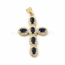 Rack Plating Brass Cubic Zirconia Pendants, Cadmium Free & Lead Free, Real 18K Gold Plated, Long-Lasting Plated, Religion Cross Charm, Midnight Blue, 33.5x22x3.5mm, Hole: 3.5x4.5mm(KK-G456-25G-05)