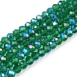 Electroplate Glass Beads Strands, Half Rainbow Plated, Faceted, Rondelle, Green, 4x3mm, Hole: 0.4mm, about 113~115pcs/strand, 41~41.5cm(EGLA-A044-T4mm-L18)