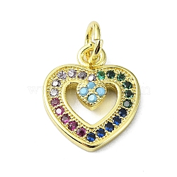 Brass Micro Pave Colorful Cubic Zirconia Pendants, with Jump Ring, Heart Charm, Real 18K Gold Plated, 13.5x11x2.5mm, Hole: 3mm(KK-H475-14G-05)