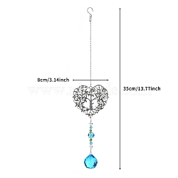 Alloy Heart with Tree of Life Hanging Ornaments, Round Glass Charm Suncatchers for Home Outdoor Decoration, Deep Sky Blue, 360mm(PW-WG64732-02)