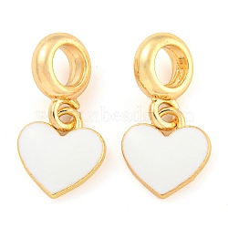 Rack Plating Alloy Enamel Heart European Dangle Charms, Large Hole Pendants, Golden, Cadmium Free & Nickel Free & Lead Free, White, 22mm, Hole: 4.8mm, Heart: 11.5x11x2mm(FIND-B034-21G-06)