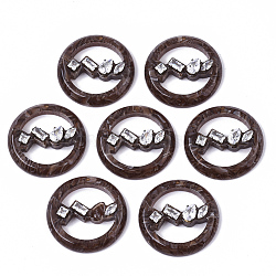 Cellulose Acetate(Resin) Pendants, with Micro Pave Cubic Zirconia, Flat Round, Saddle Brown, 26x6mm, Hole: 1.4mm(KY-S163-101B-01)